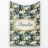 Elegant White Swan Floral Lake Seamless Pattern Vintage Nature  Personalised Custom Name Super Soft Fleece Blanket Bed Sofa Throw