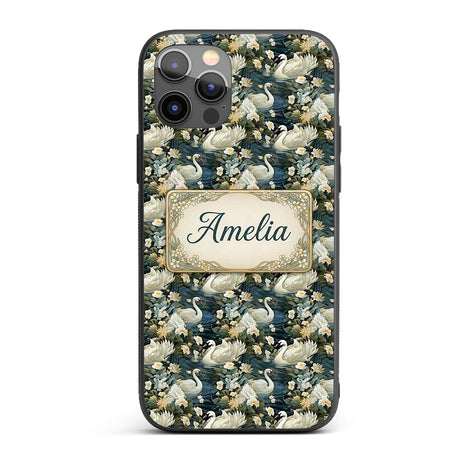 Elegant White Swan Floral Lake Seamless Pattern Custom Name Protective Phone Case Mobile Cover Durable Everyday Smartphone Shock Resistant