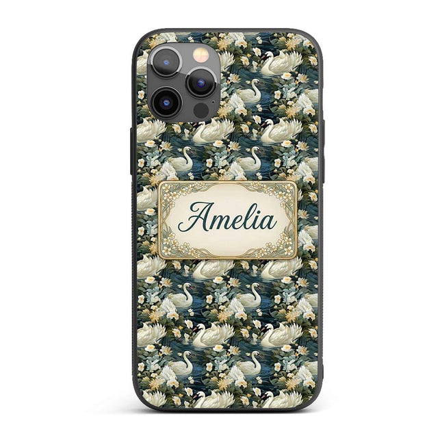 Elegant White Swan Floral Lake Seamless Pattern Custom Name Protective Phone Case Mobile Cover Durable Everyday Smartphone Shock Resistant