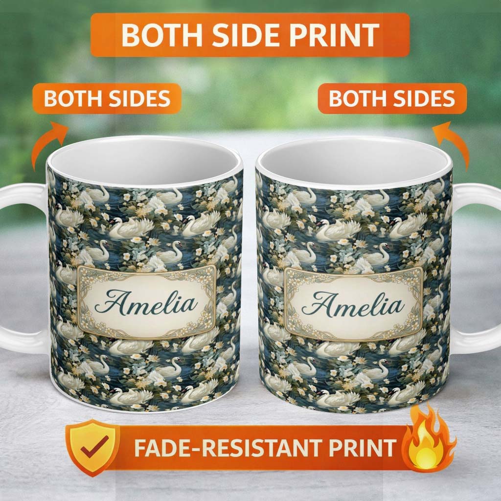 Personalized Custom Name Elegant White Swan Floral Lake Seamless Pattern Vintage Nature 11oz Ceramic Coffee Tea Mug White Large Handle