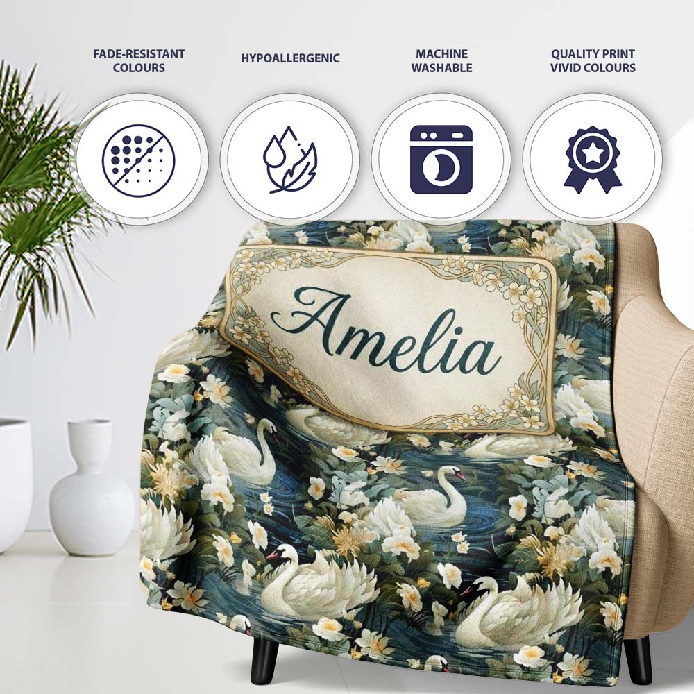Elegant White Swan Floral Lake Seamless Pattern Vintage Nature  Personalised Custom Name Super Soft Fleece Blanket Bed Sofa Throw