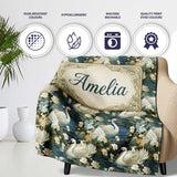 Elegant White Swan Floral Lake Seamless Pattern Vintage Nature  Personalised Custom Name Super Soft Fleece Blanket Bed Sofa Throw