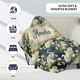 Elegant White Swan Floral Lake Seamless Pattern Vintage Nature  Personalised Custom Name Super Soft Fleece Blanket Bed Sofa Throw