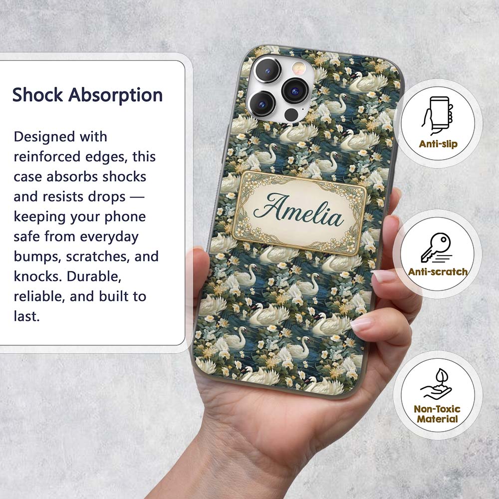 Elegant White Swan Floral Lake Seamless Pattern Custom Name Protective Phone Case Mobile Cover Durable Everyday Smartphone Shock Resistant