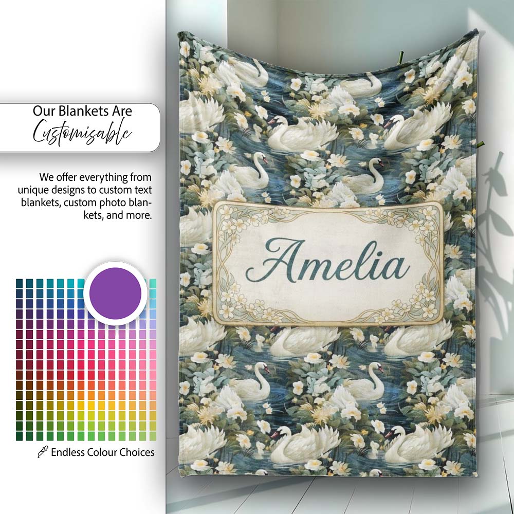Elegant White Swan Floral Lake Seamless Pattern Vintage Nature  Personalised Custom Name Super Soft Fleece Blanket Bed Sofa Throw
