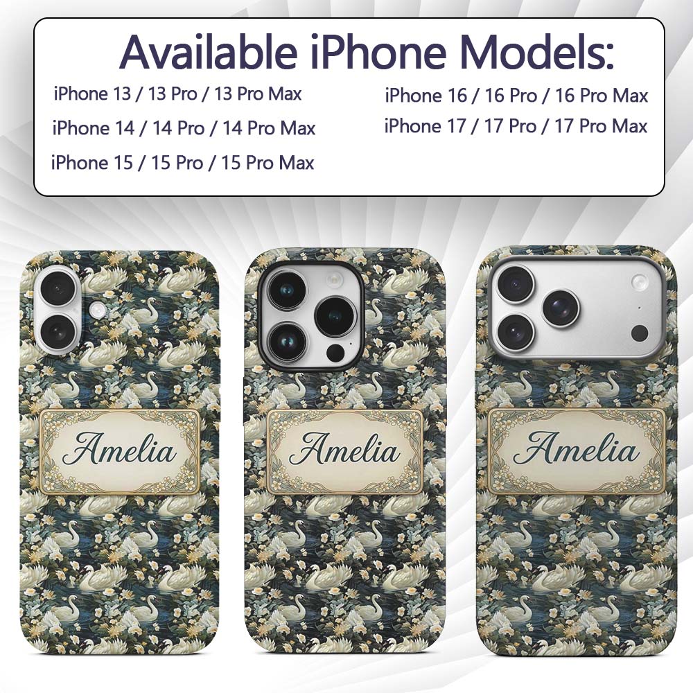 Elegant White Swan Floral Lake Seamless Pattern Custom Name Protective Phone Case Mobile Cover Durable Everyday Smartphone Shock Resistant