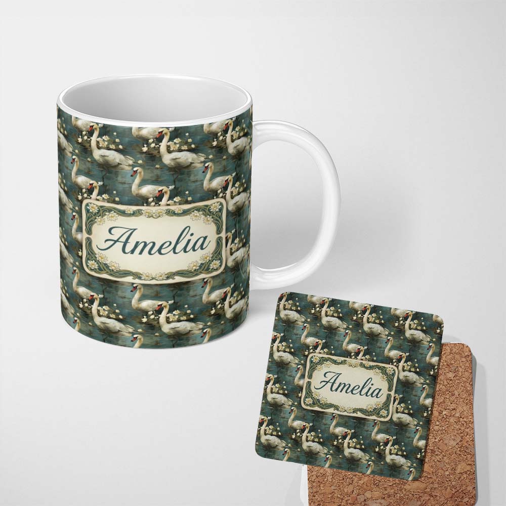 Personalized Custom Name Graceful Swan Lake Floral Seamless Pattern Classic Botanical Water 11oz Ceramic Coffee Tea Mug White Large Handle