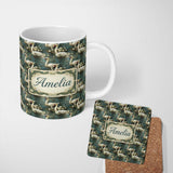 Personalized Custom Name Graceful Swan Lake Floral Seamless Pattern Classic Botanical Water 11oz Ceramic Coffee Tea Mug White Large Handle