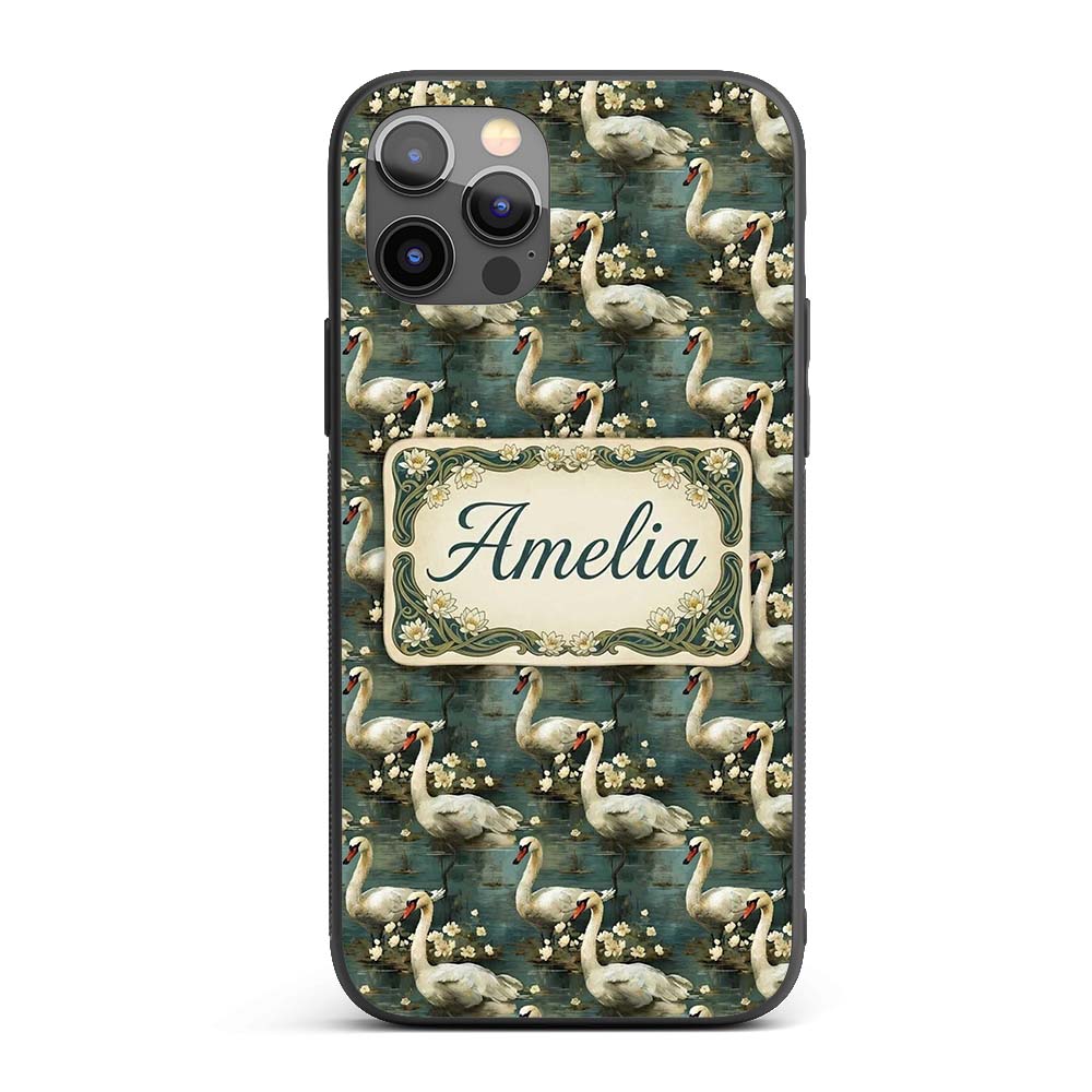 Graceful Swan Lake Floral Seamless Printed Design Custom Name Protective Phone Case Mobile Cover Durable Everyday Smartphone Shock Resistant