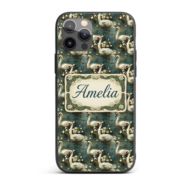 Graceful Swan Lake Floral Seamless Printed Design Custom Name Protective Phone Case Mobile Cover Durable Everyday Smartphone Shock Resistant