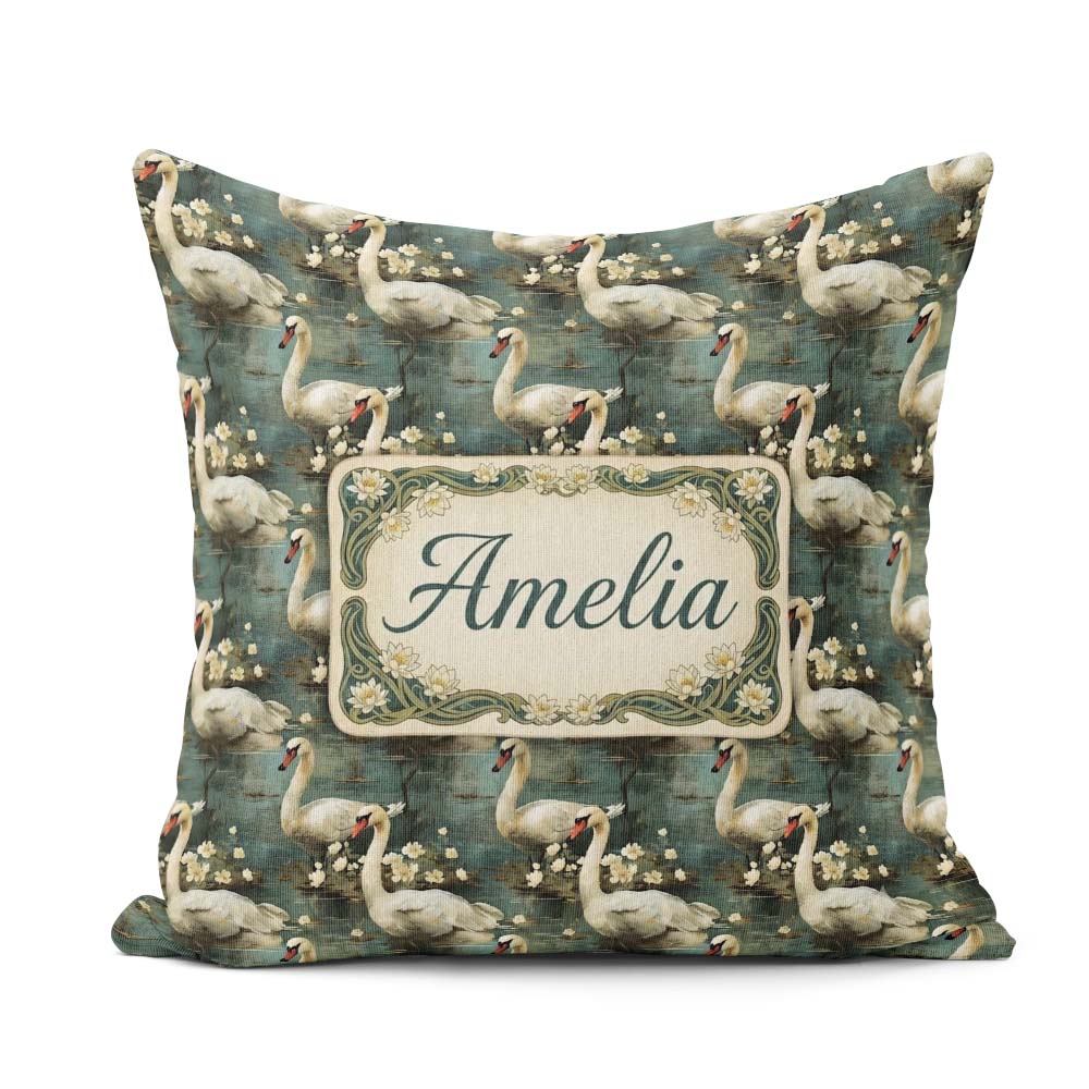 Custom Name Graceful Swan Lake Floral Seamless Pattern Botanical Square Filled Cushion Throw Pillow Sofa Bed Home Decor Zip Washable UK Made