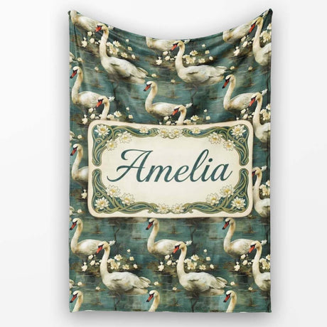 Graceful Swan Lake Floral Seamless Pattern Classic Botanical Water  Personalised Custom Name Super Soft Fleece Blanket Bed Sofa Throw