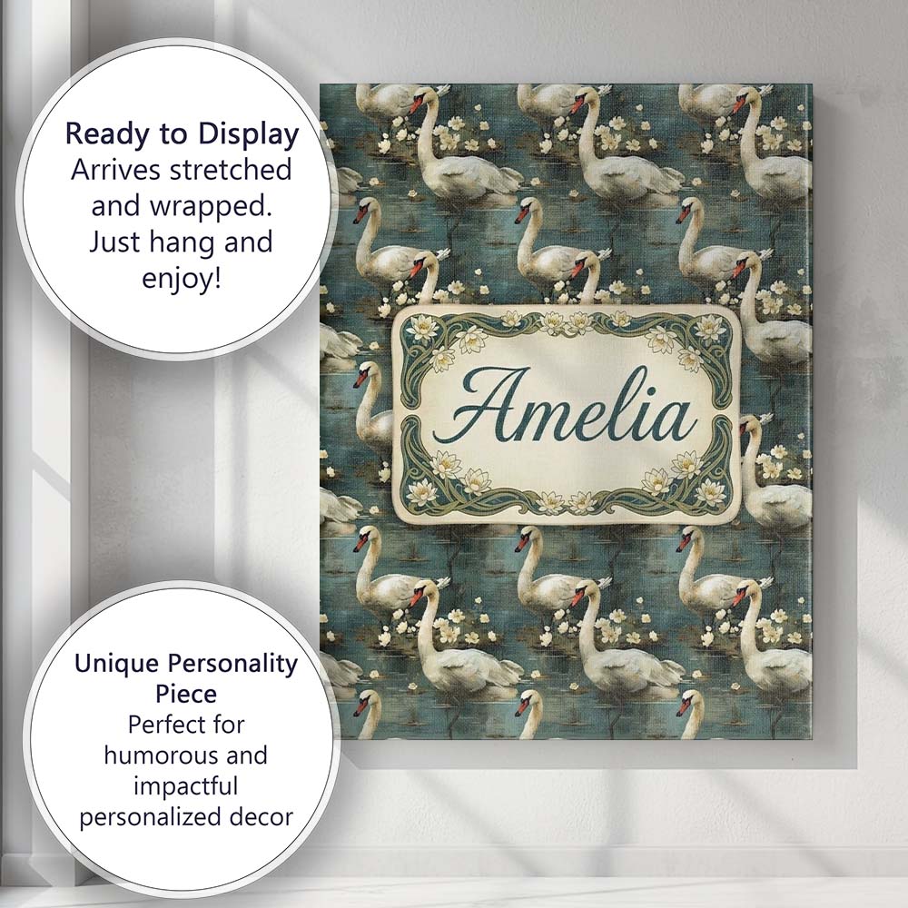 Personalised Name Graceful Swan Lake Floral Custom  Bespoke Interior Contemporary Canvas Wall Art Print Decor Picture Ready to Hang