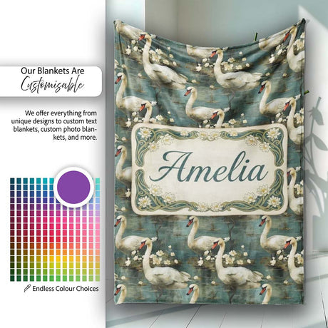 Graceful Swan Lake Floral Seamless Pattern Classic Botanical Water  Personalised Custom Name Super Soft Fleece Blanket Bed Sofa Throw