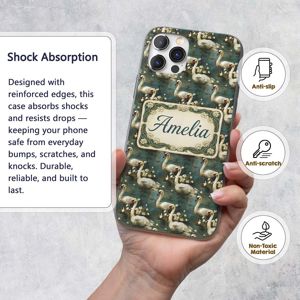 Graceful Swan Lake Floral Seamless Printed Design Custom Name Protective Phone Case Mobile Cover Durable Everyday Smartphone Shock Resistant
