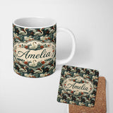 Personalized Custom Name Dark Swan Floral Water Garden Seamless Pattern Vintage Nature 11oz Ceramic Coffee Tea Mug White Large Handle