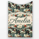 Dark Swan Floral Water Garden Seamless Pattern Vintage Nature  Personalised Custom Name Super Soft Fleece Blanket Bed Sofa Throw