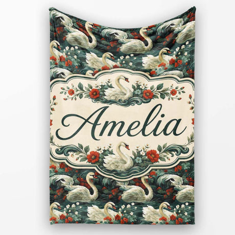Dark Swan Floral Water Garden Seamless Pattern Vintage Nature  Personalised Custom Name Super Soft Fleece Blanket Bed Sofa Throw