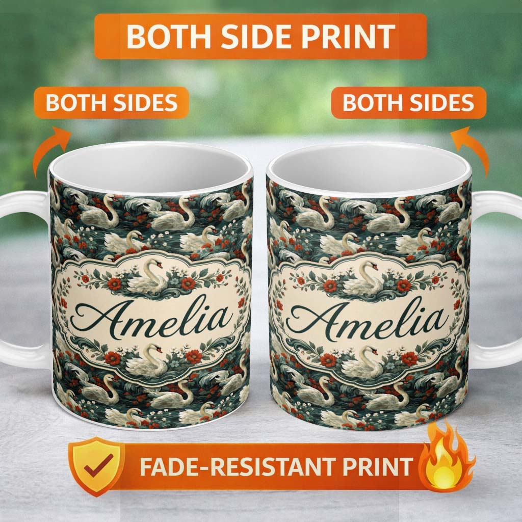 Personalized Custom Name Dark Swan Floral Water Garden Seamless Pattern Vintage Nature 11oz Ceramic Coffee Tea Mug White Large Handle