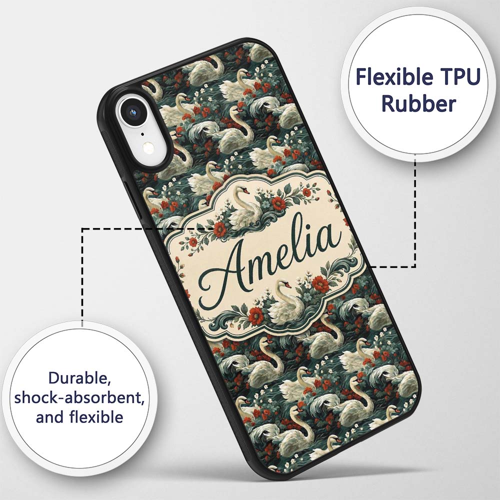 Dark Swan Floral Water Garden Seamless Pattern Custom Name Protective Phone Case Mobile Cover Durable Everyday Smartphone Shock Resistant