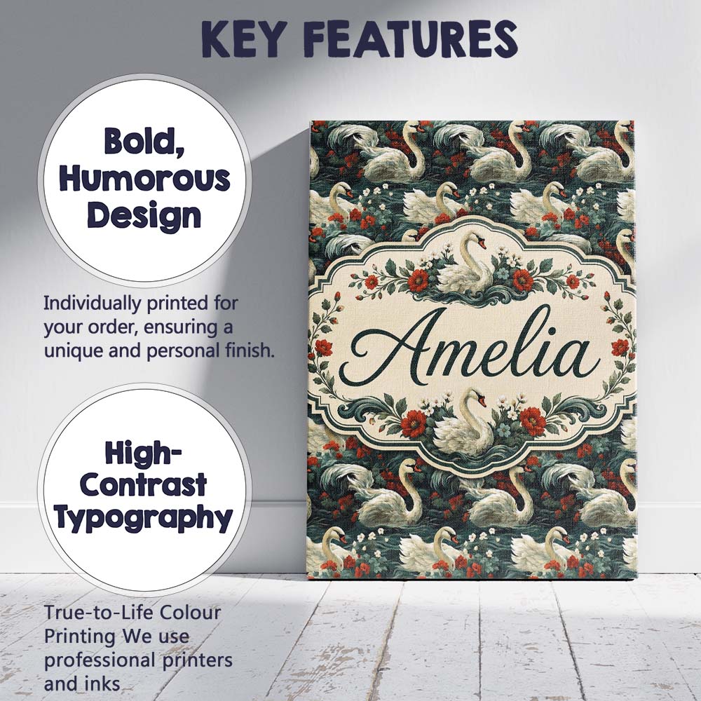 Personalised Name Dark Swan Floral Water Custom  Unique Gift Idea Elegant Feature Canvas Wall Art Print Decor Picture Ready to Hang