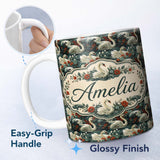 Personalized Custom Name Dark Swan Floral Water Garden Seamless Pattern Vintage Nature 11oz Ceramic Coffee Tea Mug White Large Handle
