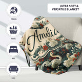 Dark Swan Floral Water Garden Seamless Pattern Vintage Nature  Personalised Custom Name Super Soft Fleece Blanket Bed Sofa Throw