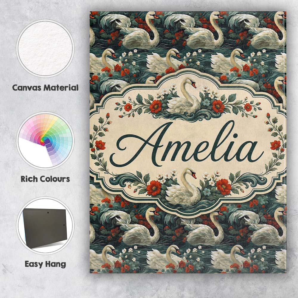 Personalised Name Dark Swan Floral Water Custom  Unique Gift Idea Elegant Feature Canvas Wall Art Print Decor Picture Ready to Hang