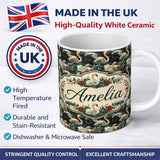 Personalized Custom Name Dark Swan Floral Water Garden Seamless Pattern Vintage Nature 11oz Ceramic Coffee Tea Mug White Large Handle