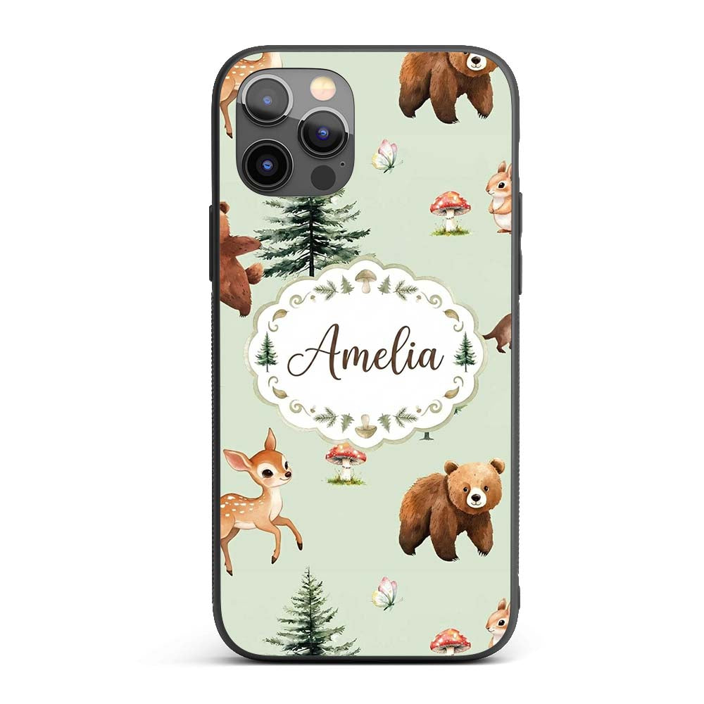Cute Woodland Forest Animals Bear Bunny Deer on Custom Name Protective Phone Case Mobile Cover Durable Everyday Smartphone Shock Resistant