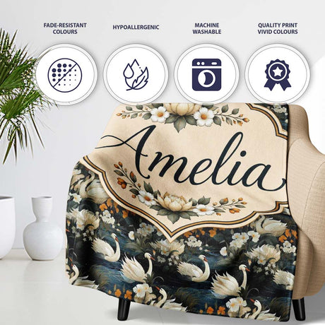 Luxury Swan Floral Night Lake Seamless Pattern Elegant Botanical  Personalised Custom Name Super Soft Fleece Blanket Bed Sofa Throw