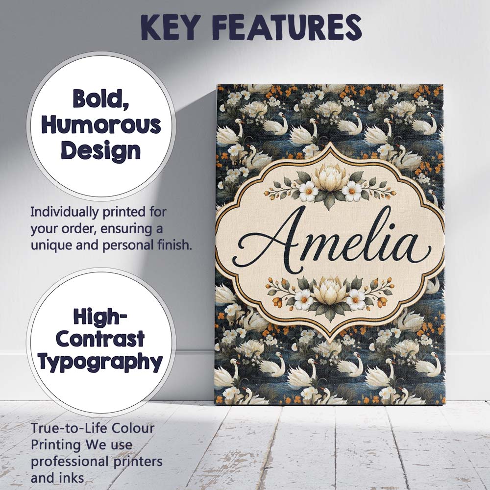 Personalised Name Luxury Swan Floral Night Custom  Unique Gift Idea Elegant Feature Canvas Wall Art Print Decor Picture Ready to Hang
