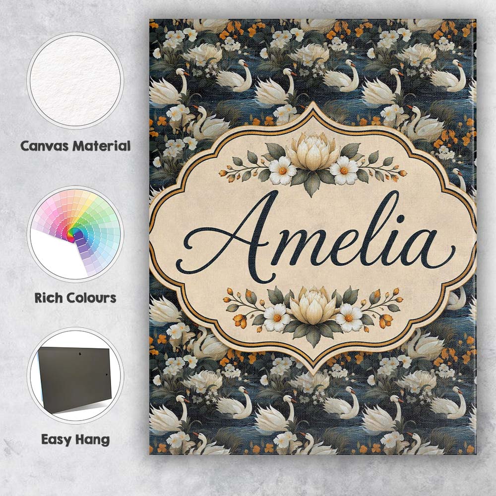 Personalised Name Luxury Swan Floral Night Custom  Unique Gift Idea Elegant Feature Canvas Wall Art Print Decor Picture Ready to Hang
