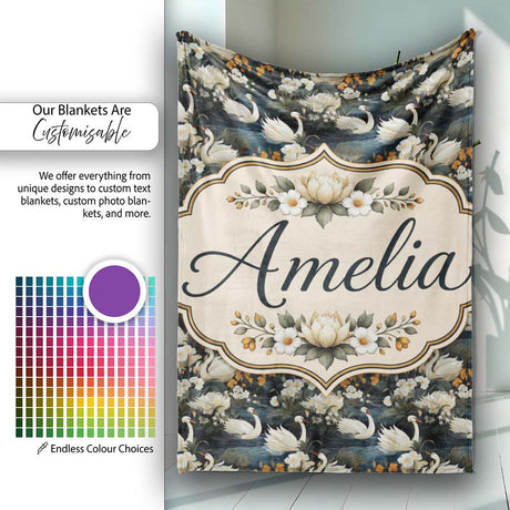 Luxury Swan Floral Night Lake Seamless Pattern Elegant Botanical  Personalised Custom Name Super Soft Fleece Blanket Bed Sofa Throw