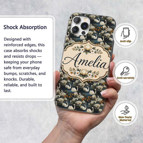 Luxury Swan Floral Night Lake Seamless Pattern Custom Name Protective Phone Case Mobile Cover Durable Everyday Smartphone Shock Resistant