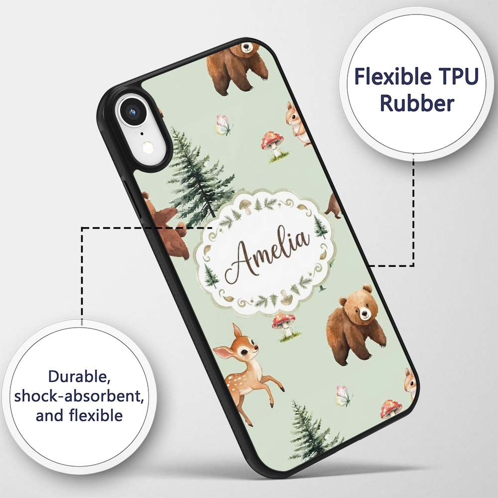 Cute Woodland Forest Animals Bear Bunny Deer on Custom Name Protective Phone Case Mobile Cover Durable Everyday Smartphone Shock Resistant