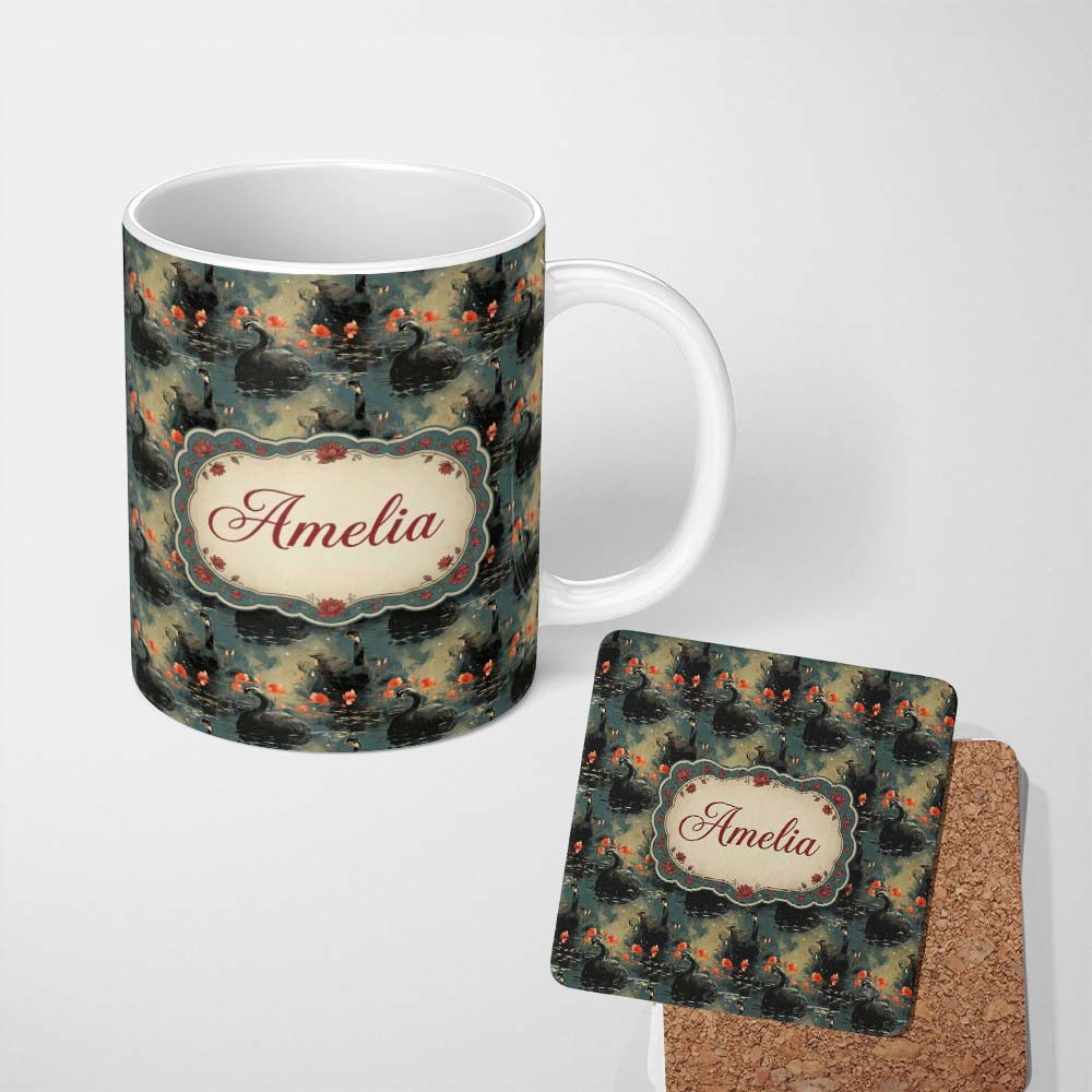 Personalized Custom Name Black Swan Floral Water Reflection Seamless Pattern Moody Nature 11oz Ceramic Coffee Tea Mug White Large Handle
