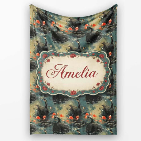 Black Swan Floral Water Reflection Seamless Pattern Moody Nature  Personalised Custom Name Super Soft Fleece Blanket Bed Sofa Throw