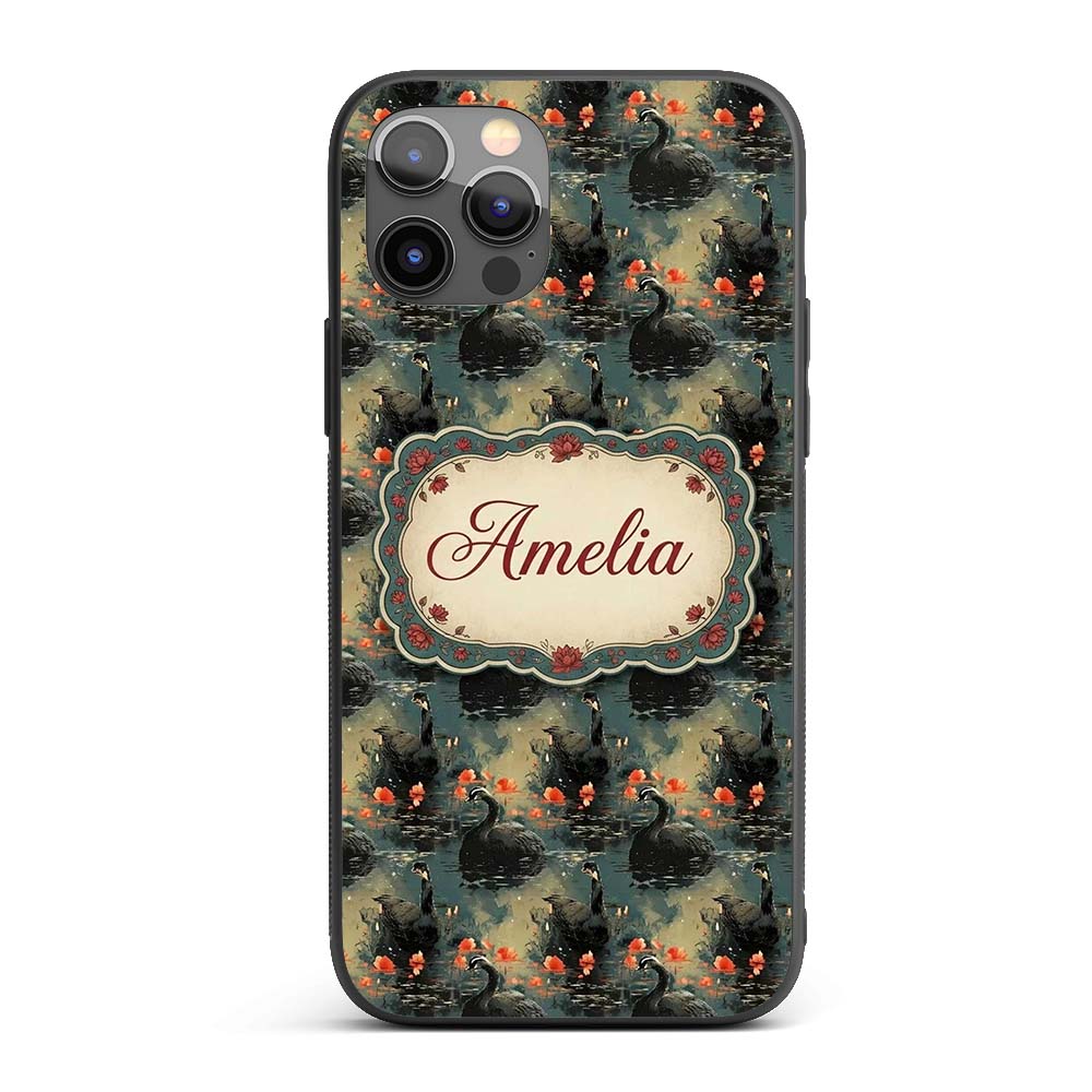 Black Swan Floral Water Reflection Printed Design Custom Name Protective Phone Case Mobile Cover Durable Everyday Smartphone Shock Resistant