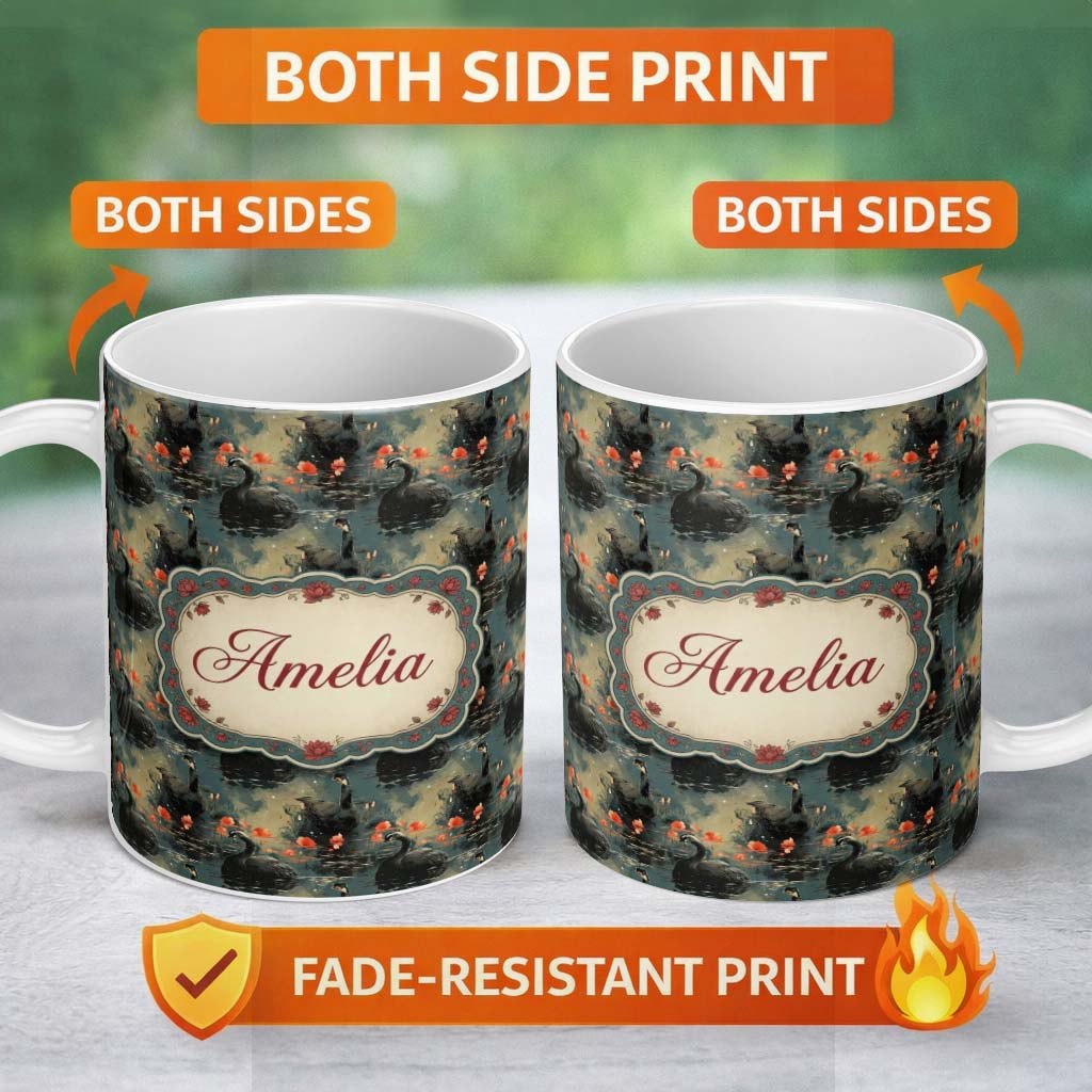 Personalized Custom Name Black Swan Floral Water Reflection Seamless Pattern Moody Nature 11oz Ceramic Coffee Tea Mug White Large Handle