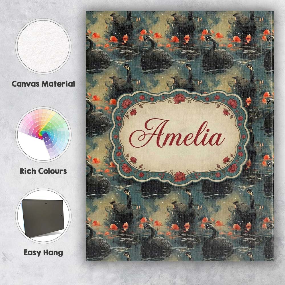 Personalised Name Black Swan Floral Water Custom  Unique Gift Idea Elegant Feature Canvas Wall Art Print Decor Picture Ready to Hang