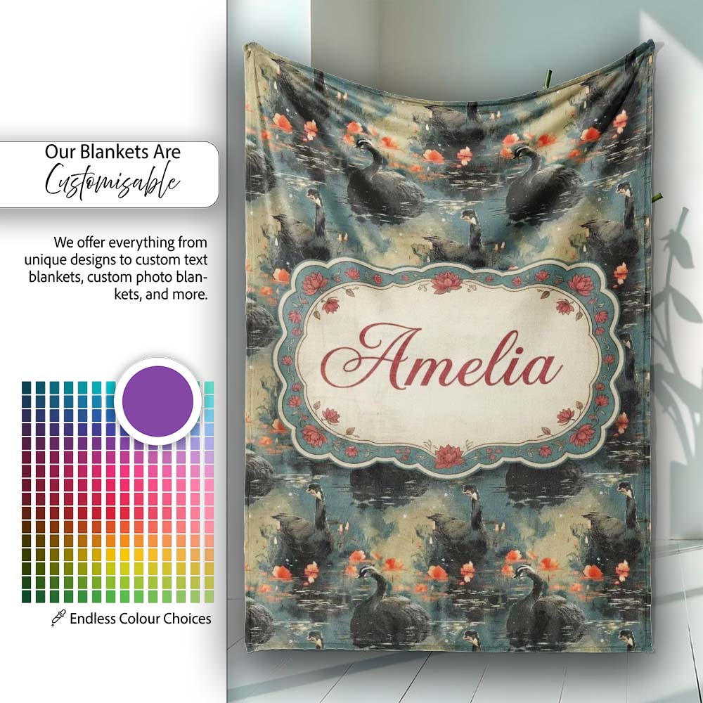 Black Swan Floral Water Reflection Seamless Pattern Moody Nature  Personalised Custom Name Super Soft Fleece Blanket Bed Sofa Throw