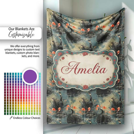Black Swan Floral Water Reflection Seamless Pattern Moody Nature  Personalised Custom Name Super Soft Fleece Blanket Bed Sofa Throw