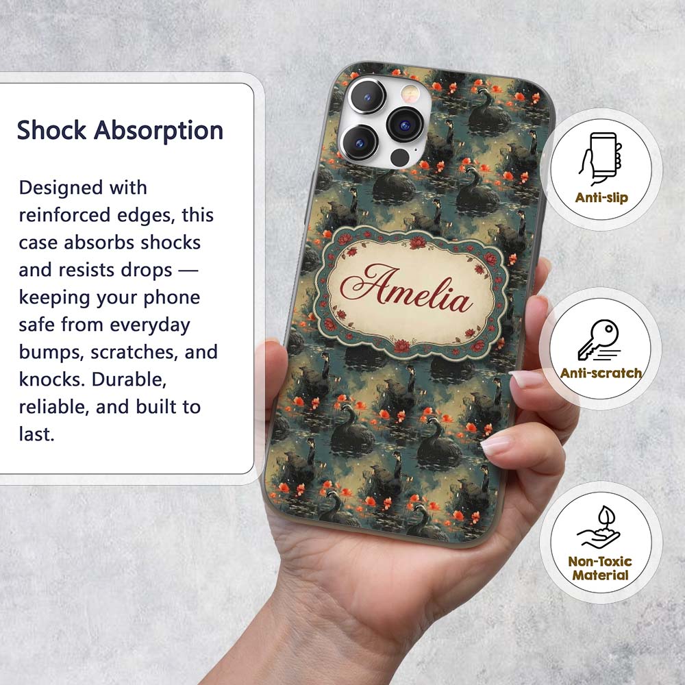 Black Swan Floral Water Reflection Printed Design Custom Name Protective Phone Case Mobile Cover Durable Everyday Smartphone Shock Resistant