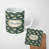 Personalized Custom Name Soft Swan Lake Floral Seamless Pattern Calm Nature Botanical Scene 11oz Ceramic Coffee Tea Mug White Large Handle