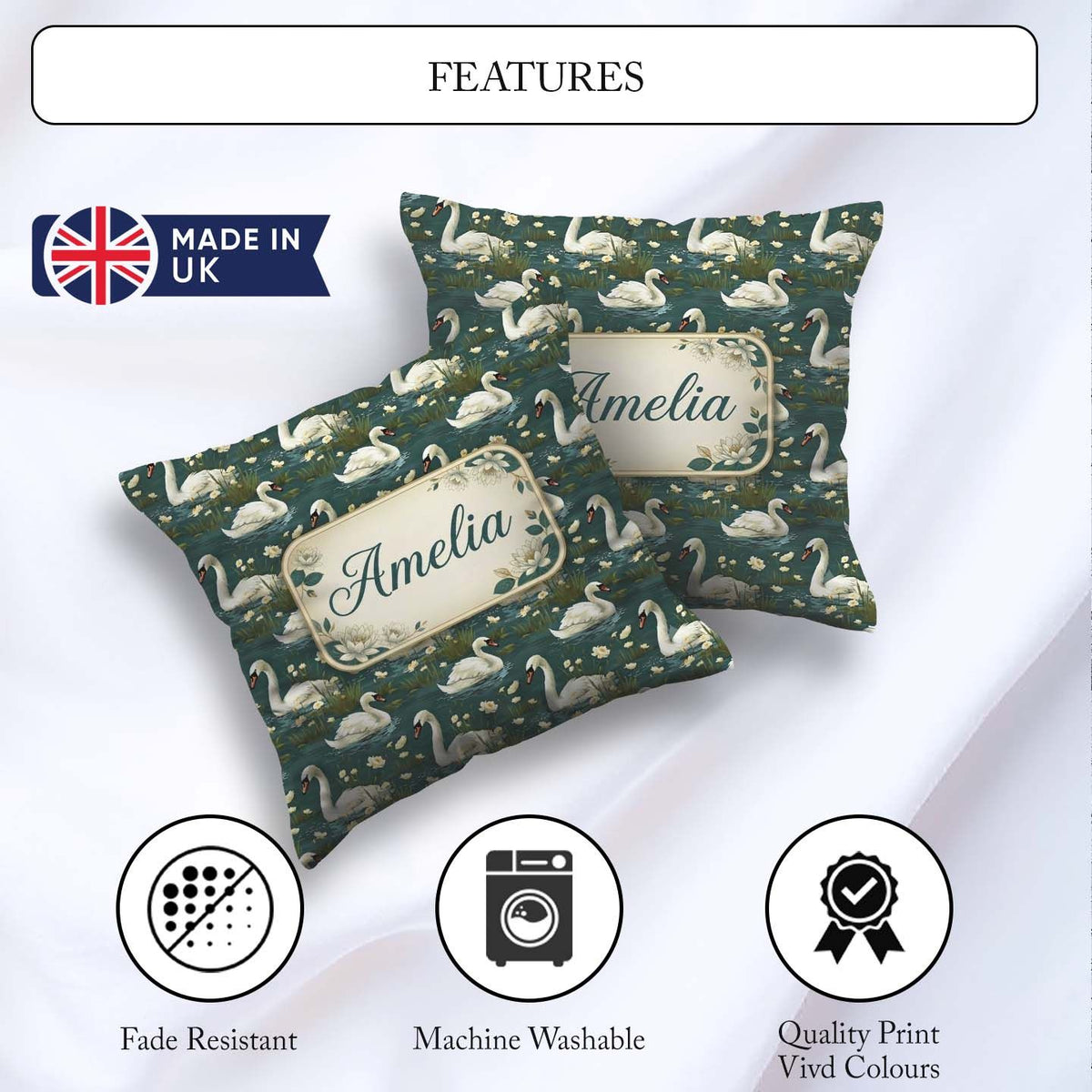 Custom Name Soft Swan Lake Floral Seamless Calm Nature Botanical Square Filled Cushion Throw Pillow Sofa Bed Home Decor Zip Washable UK Made