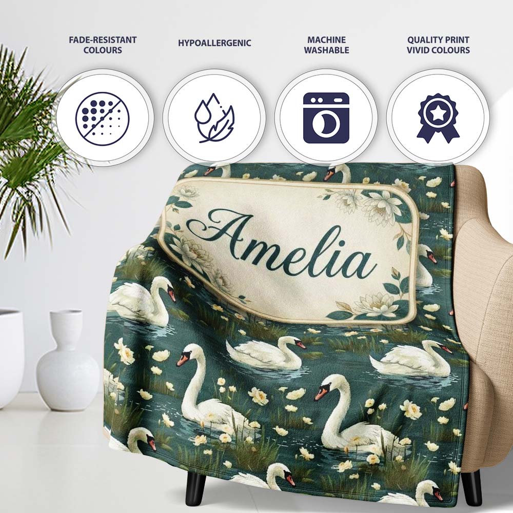 Soft Swan Lake Floral Seamless Pattern Calm Nature Botanical Scene  Personalised Custom Name Super Soft Fleece Blanket Bed Sofa Throw