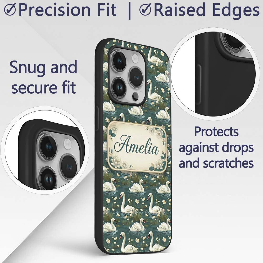 Soft Swan Lake Floral Seamless Printed Design Custom Name Protective Phone Case Mobile Cover Durable Everyday Smartphone Shock Resistant