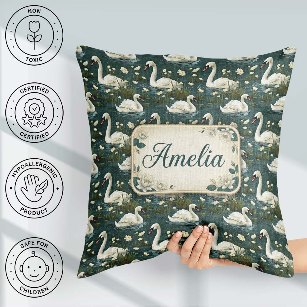 Custom Name Soft Swan Lake Floral Seamless Calm Nature Botanical Square Filled Cushion Throw Pillow Sofa Bed Home Decor Zip Washable UK Made