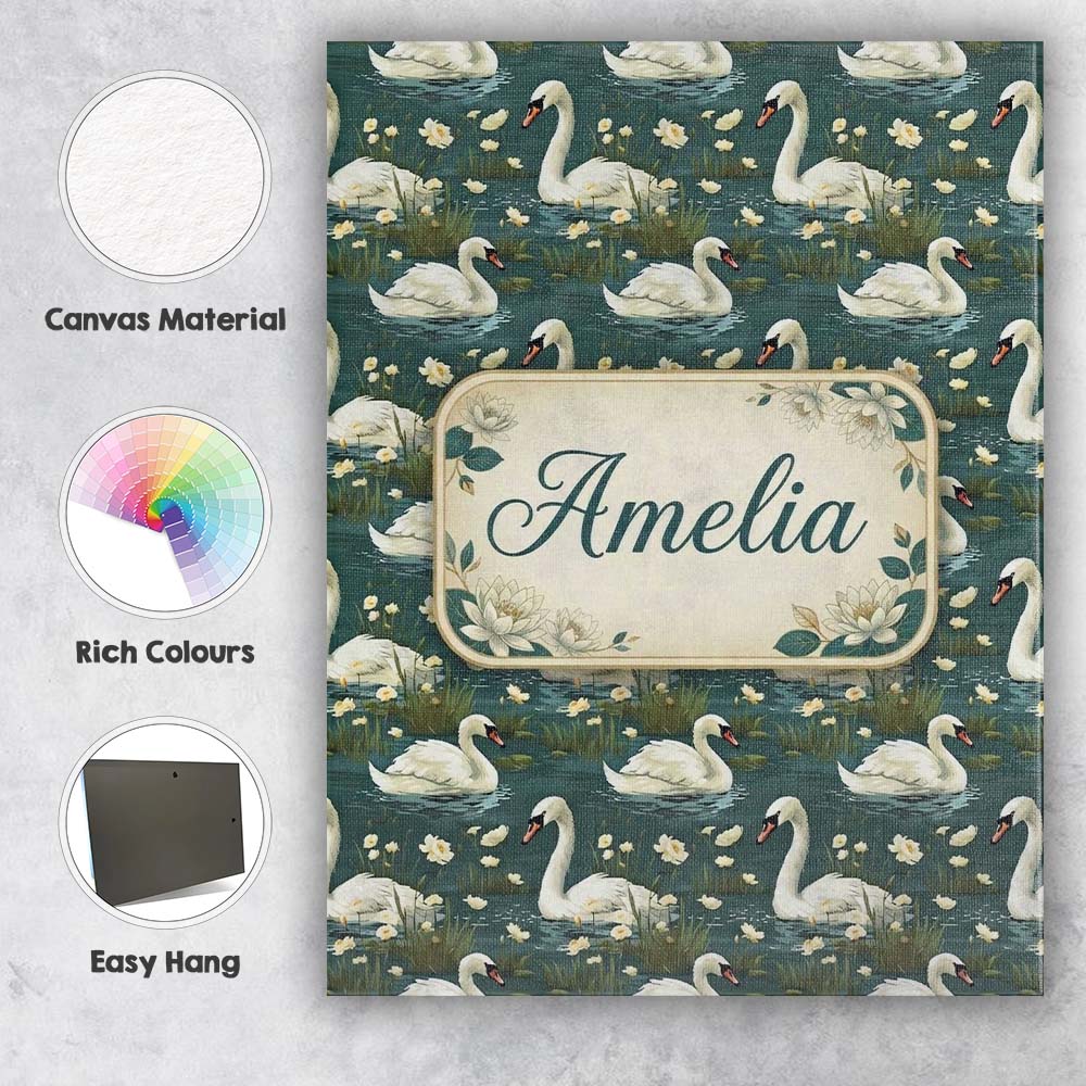 Personalised Name Soft Swan Lake Floral Custom  Modern Room Accent Elegant Feature Canvas Wall Art Print Decor Picture Ready to Hang